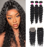 Meetu Hair Peruvian Deep Wave Virgin Human Hair Weave 3 Bundles with 4x4 Lace Closure